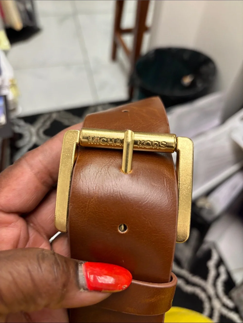 Michael Kors Brown Leather Belt with Gold-Tone Buckle - L 38”, waist 34-38, NWOT